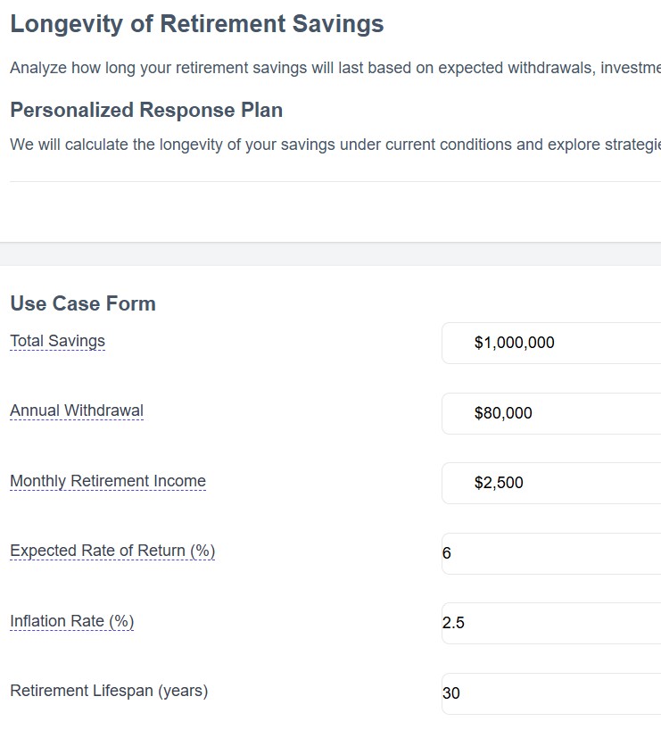Savings longevity calculator dashboard